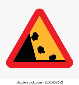 Danger Road Sign vector icon Of Rocks Fall Ahead isolated on white background.