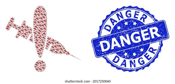 Danger scratched round stamp and vector fractal collage danger vaccine. Blue stamp contains Danger text inside round shape. Vector collage is done from randomized danger vaccine icons.