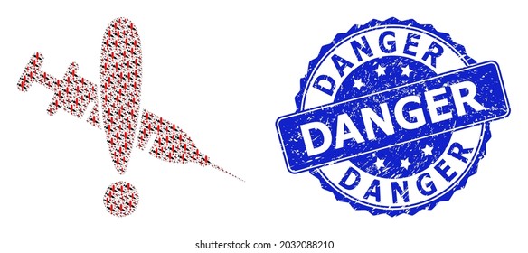 Danger scratched round stamp and vector fractal collage danger vaccine. Blue stamp contains Danger text inside round shape. Vector collage is done from randomized danger vaccine icons.