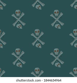 Danger seamless doodle pattern with simple skulls and bones sihouettes. Grey pirate ornament on dark turquoise background. Vector illustration for seasonal textile prints, fabric