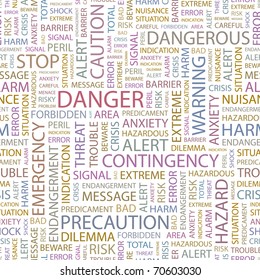 DANGER. Seamless vector pattern with word cloud. Illustration with different association terms.