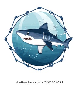 Danger of shark attack. Aquatic reserve, ocean life, cartoon vector illustration. label, sticker, t-shirt printing