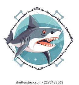 Danger of shark attack. Aquatic reserve, ocean life, cartoon vector illustration. label, sticker, t-shirt printing