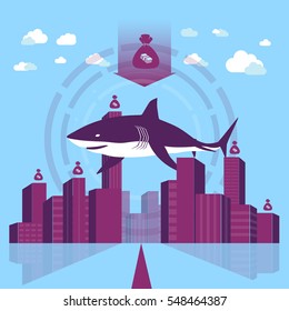 Danger/ Shark in a business world. 
Shark as a symbol of a danger in business world is swimming in a business / financial district.