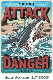 Danger shark colorful flyer vintage warning about attack of predatory fish near sea beach threat from bloodthirsty monster vector illustration