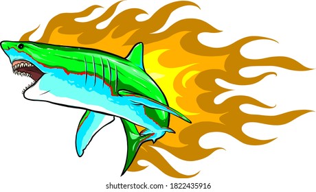 Danger shark with flames for tattoo or mascot design, such a logo template.