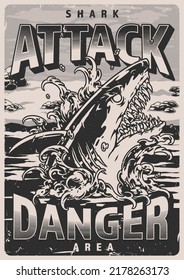 Danger shark flyer monochrome vintage bloodthirsty predatory fish looks out of ocean with its mouth open with fangs vector illustration