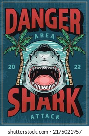 Danger shark vintage colorful poster attacks people vacationing in tropical resort predatory fish with open mouth vector illustration