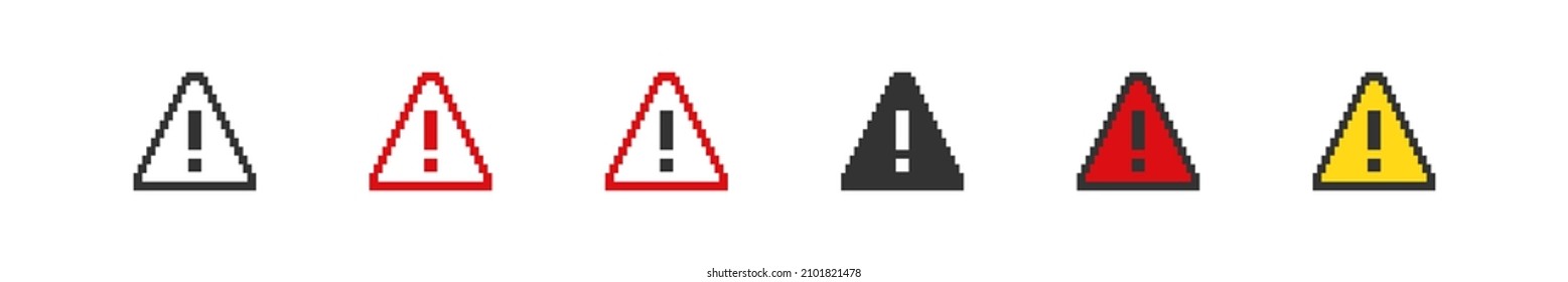 Danger sign attention pixel icons. 8 bit pixel button set. Collection isolated  vector