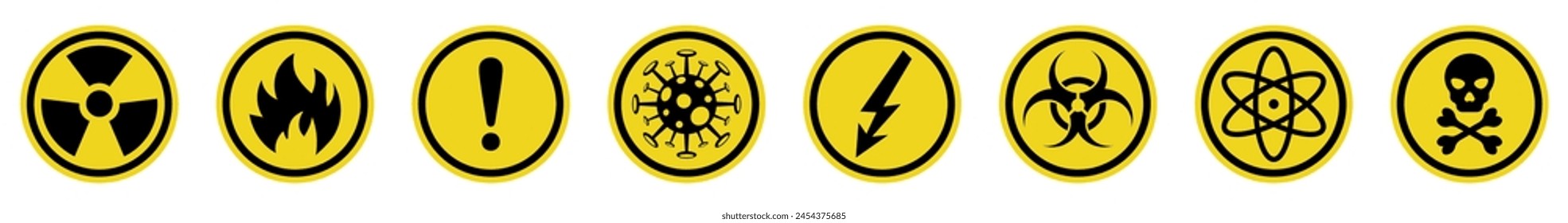  Danger sign collection, Warning Symbol set.,Atomic Danger Icon, Nuclear Radiation Icon, Toxic icons .Vector Illustration
