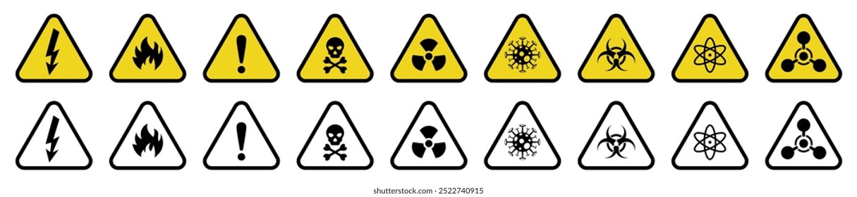 Coleção de sinais de perigo, Conjunto de símbolos de aviso, Ícone de perigo atômico, Ícone de radiação nuclear, Ícones tóxicos. Ilustração de vetor