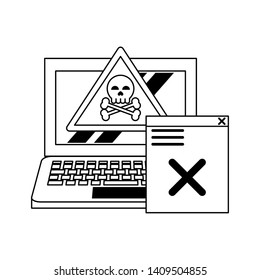 danger sign with computer icon cartoon vector illustration graphic design black and white