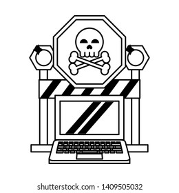 danger sign with computer icon cartoon vector illustration graphic design black and white