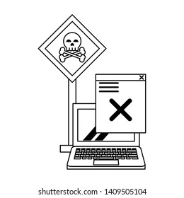 danger sign with computer icon cartoon vector illustration graphic design black and white