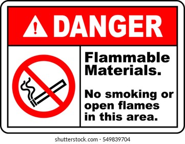 danger sign flammable materials no smoking or open flames in this area