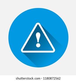 Danger sign flat icon on blue background.Flat image symbol of attention caution with long shadow. Exclamation hazard warning attention. Layers grouped for easy editing illustration. For your design.