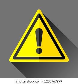 Danger sign icon in flat style on gray background, error emblem in yellow triangle, vector design illustration for you project