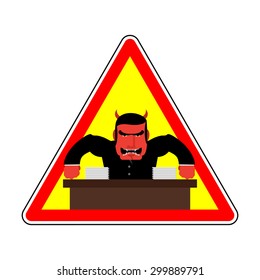 Danger sign Office label. Beware of evil boss. Angry chef. Vector illustration. Red man yells at Office.