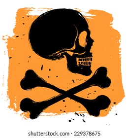 Danger sign on orange background in grunge style, side view skull and tibia crossbones