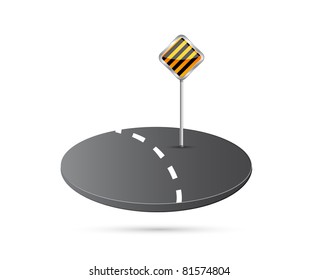 Danger sign on round piece of road. Road concept. Vector illustration.