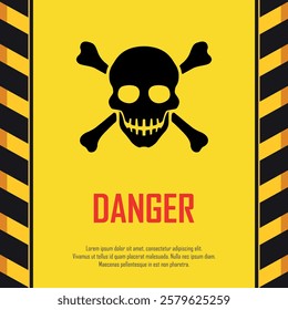 Danger sign on yellow background, skull and bones, safety warning, hazard alert, copy space for text