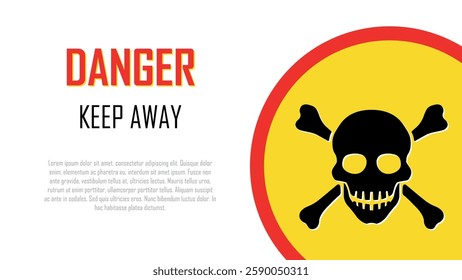 Danger sign on yellow background, skull and bones, safety warning, hazard alert, copy space for text
