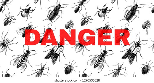 Danger sign over seamless pattern with insects. Pest control concept. Vector illustration