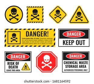 danger sign with scull and crossbones, warning icons set