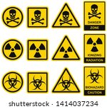 Danger sign. Set of vector icons. Hazard and warning symbols: radiation ionization, biohazard caution and danger zone. Collection of universal recognisable signs: bones with  skull, radioactivity.