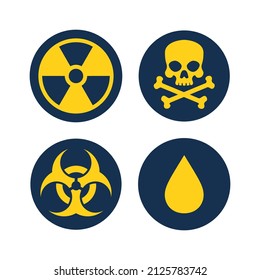 Danger sign. Set of vector icons. Hazard and warning symbols: radiation ionization, biohazard caution and danger zone. Collection of universal recognisable signs: bones with skull, radioactivity.