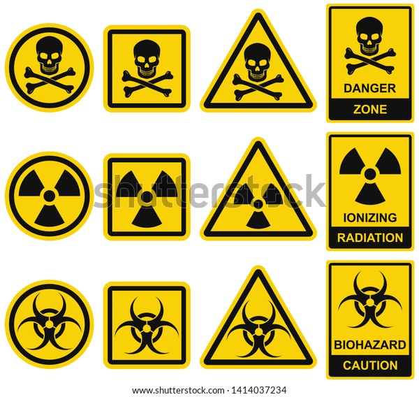 危険信号 ベクター画像アイコンのセット 危険および警告の記号 放射線イオン化 バイオハザード警戒 危険地帯 世界共通の認識可能な記号の集まり 頭蓋骨と放射能 のベクター画像素材 ロイヤリティフリー