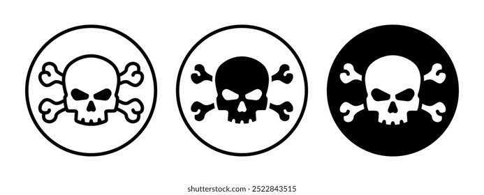 Danger sign with skull and bones icon. Poison symbol. Toxic warning vector illustration. Pirate black mark symbol. Skull with crossbones circle label. Danger warning pictogram. Death concept isolated.