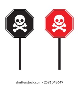Danger Sign with Skull and Crossbones in Black and Red Octagon Shapes vector