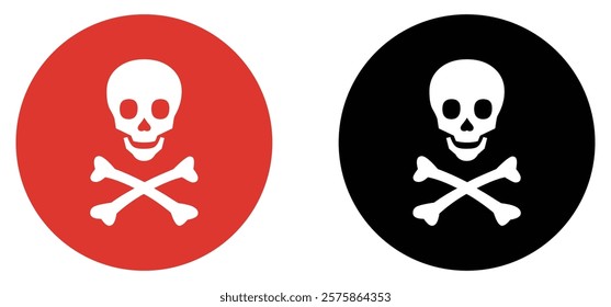 Danger sign with skull vector icon set in red and black. Warning, caution icon of poison, toxic, chemical and electricity. Human skull and crossbones. Risk and hazard symbol. Vector illustration.