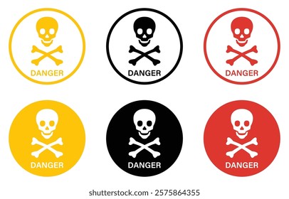 Danger sign with skull vector icon set. Warning, icon of poison, toxic, chemical and electricity. Human skull and crossbones different style. Risk and hazard sign symbol. Vector illustration.