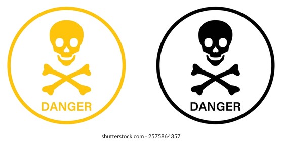 Danger sign with skull vector icon set. Caution icon of poison, toxic, chemical and electricity. Human skull and crossbones. Outline sign of caution, risk and hazard. Vector illustration.