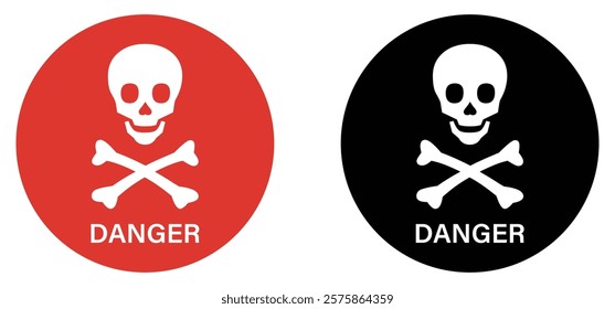 Danger sign with skull vector icon set. Warning, caution icon of poison, toxic, chemical and electricity. Human skull and crossbones. Risk and hazard sign symbol. Vector illustration.