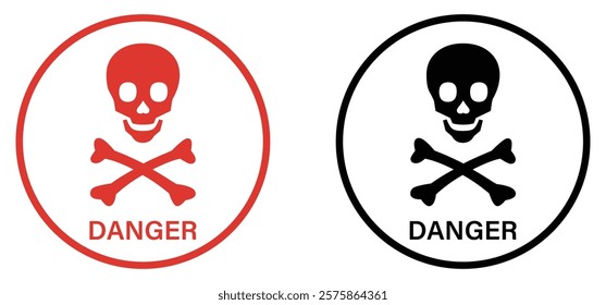 Danger sign with skull vector icon set. Warning, caution icon of poison, toxic, chemical and electricity. Human skull and crossbones. Outline sign of caution, risk and hazard. Vector illustration.