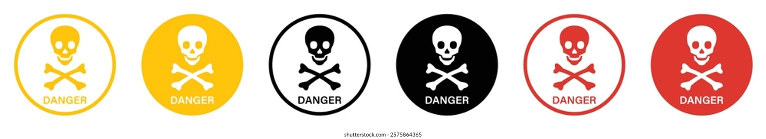 Danger sign with skull vector icon set. Warning, caution icon of poison, toxic, chemical and electricity. Human skull and crossbones different style. Risk and hazard sign symbol. Vector illustration.