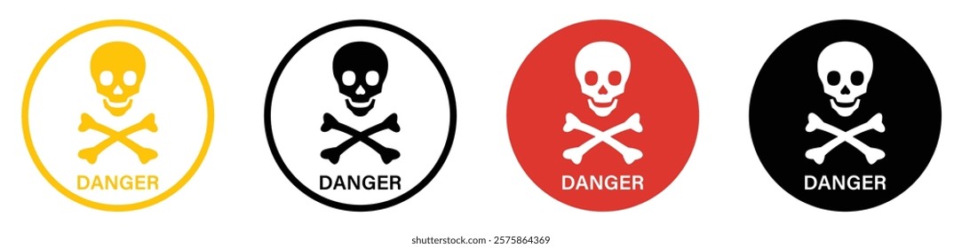 Danger sign with skull vector icon set. Warning, caution icon of poison, toxic, chemical and electricity. Human skull and crossbones. Risk and hazard sign symbol. Vector illustration.