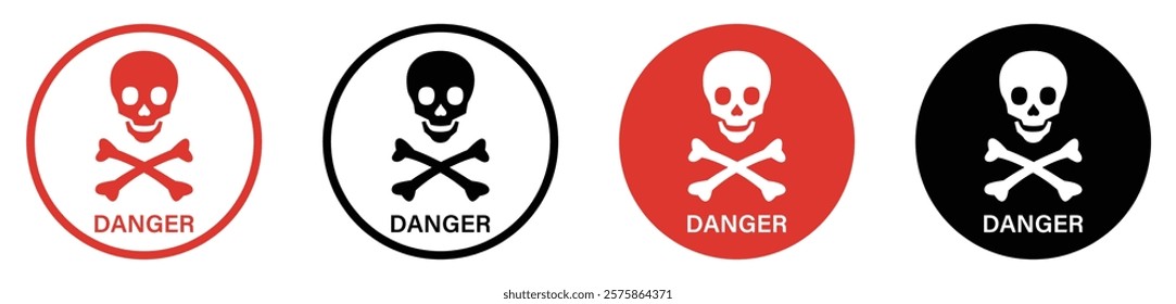 Danger sign with skull vector icon set. Warning, caution icon of poison, toxic, chemical and electricity. Human skull and crossbones. Risk and hazard sign symbol. Flat design. Vector illustration.