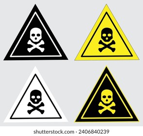 Danger sign with skull. Warning icon of poison, toxic, chemical and electricity. Danger triangle - symbol of death. Outline sign of caution, risk and hazard