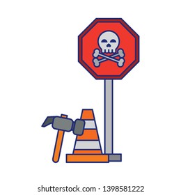 danger sign with tools blue lines