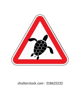 Danger sign turtle. Attention here live marine reptiles. Vector red triangle mark