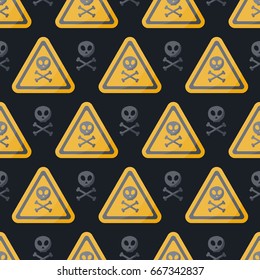 Danger sign vector flat seamless pattern, Flat design of danger alert, poison or Jolly Roger symbol  on the dark background, vector illustration with swatch