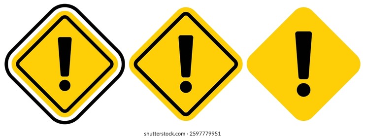 Danger sign vector icon. Attention caution illustration. Exclamation mark in triangle, circle and rombus. Alert icon. Triangle yellow caution sign icon. Vector illustrator.
