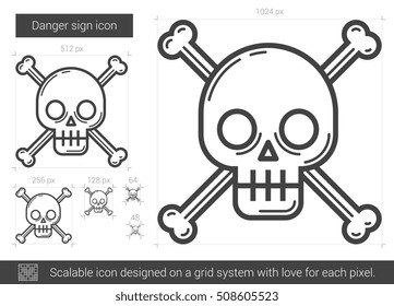 Danger sign vector line icon isolated on white background. Danger sign line icon for infographic, website or app. Scalable icon designed on a grid system.