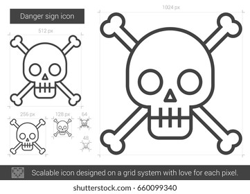 Danger sign vector line icon isolated on white background. Danger sign line icon for infographic, website or app. Scalable icon designed on a grid system.