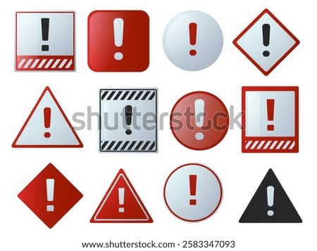 Danger sign. Warning alert message icons, attention hazard risk problem and error signal, traffic road safety caution symbols. Vector danger icon isolated set.