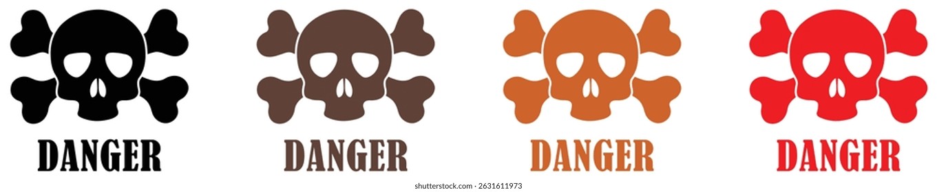 Danger signboard collection. Skull and crossbones icon in a flat design. stylized skull danger icon. Danger warning skull design. Death alert vector illustration. Cartoon poison hazard. Vector